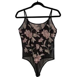 Express Womens S Whimsigoth Sheer Embroidered Floral Thong‎ Bodysuit Boho Sexy